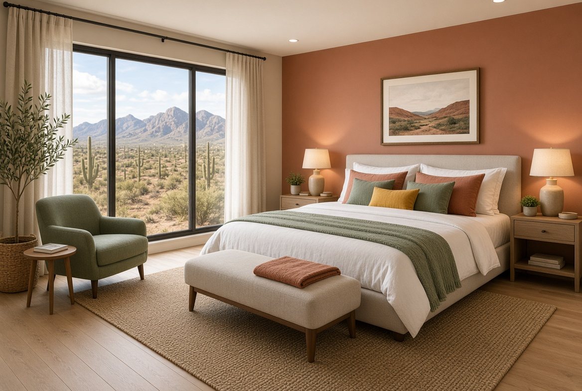 Staged primary bedroom with white bedding, sage and terracotta pillows, and a picture window framing saguaros